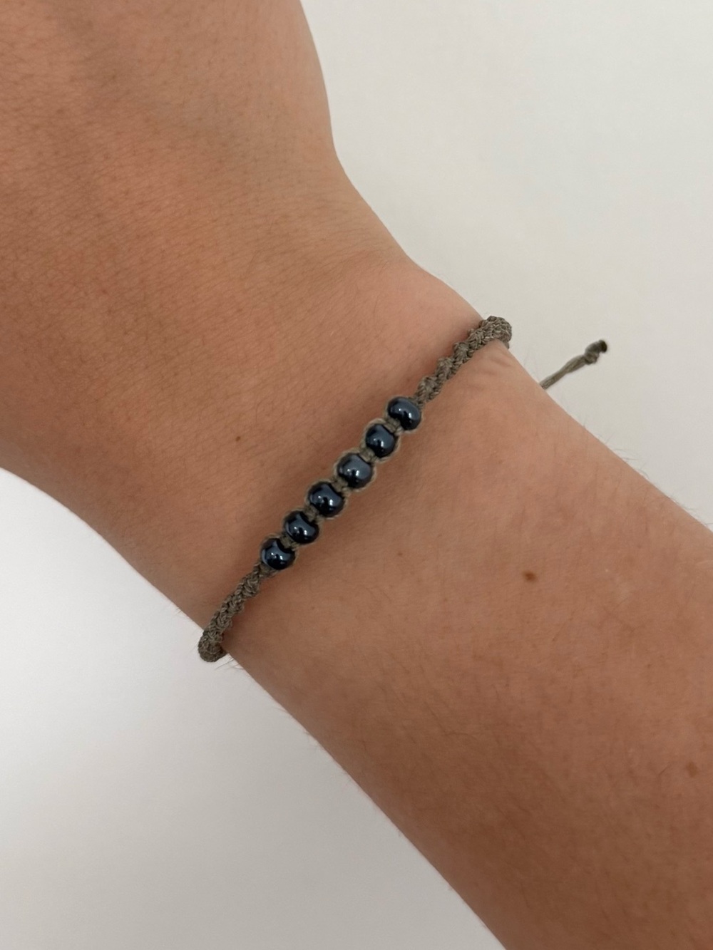Micro Macrame Bracelet, Handmade, grey Brown, Black Metallic Beads, Adjustable